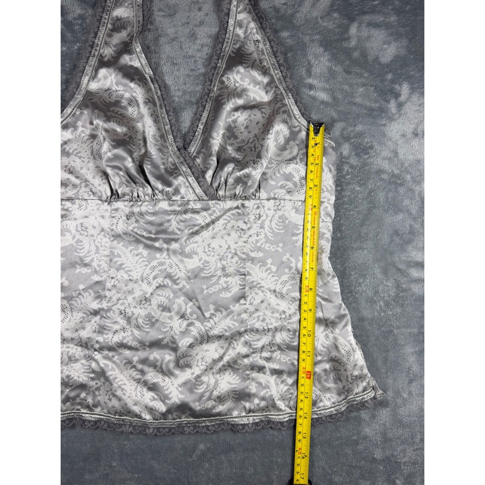 The Limited Silk Halter Top Grey Damask Lace Trim Smocked Back Blouse Womens M - Picture 9 of 9